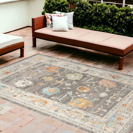 Homeroots 9' X 12' Gray and Orange Floral Stain Resistant Indoor Outdoor Area Rug 531495