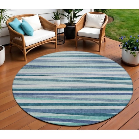 Homeroots 8' Teal Blue Gray And Ivory Round Striped Washable Indoor Outdoor Area Rug 597363
