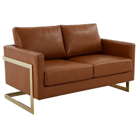 Leisuremod Lincoln Upholstered Leather Loveseat with Gold Frame, Cognac Tan LA55BR-L