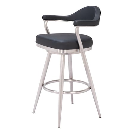 Homeroots 30" Black And Silver Faux Leather And Stainless Steel Bar Height Swivel Bar Chair 555767