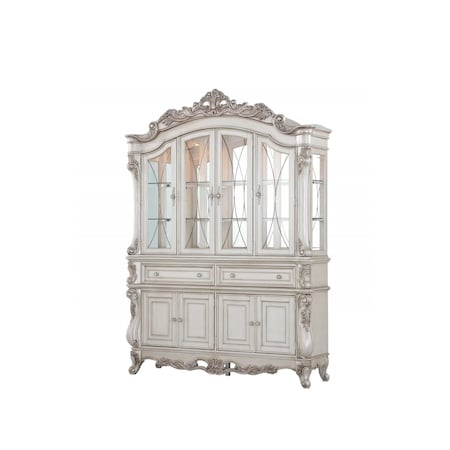Homeroots 24in X 75in X 106in Antique White Wood Glass Mirror Hutch Buffet 348654