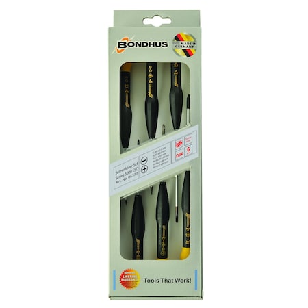 Bondhus Set 6 Insulated PrecisionGrip Slotted and Phillips Screwdrivers; 1/16, 5/64, 1/8, PH00, PH0 & PH1 1675805370