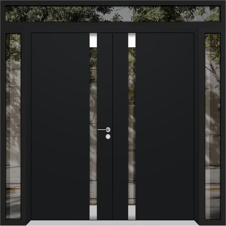 Vdomdoors Aluminum Double Doors Cynex 6777 Black 2 Sidelights and Top Transom Mirrored Clear Glass Modern Pai CYNEX6777DEXD-BLK-W14+72+14xH80+14-RH-I