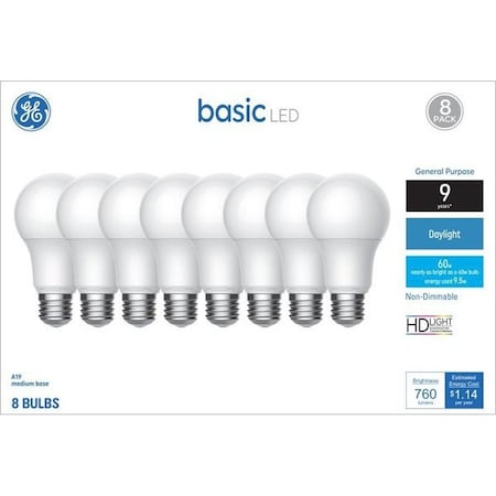 Ge LED Light Bulb, A19 Lamp, 60W Equivalent, E26 Medium Screw-In Lamp Base, No, Frosted, Daylight, 8PK 46779