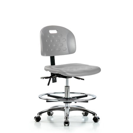 Blue Ridge Ergonomics Poly Chair Chrome - Medium Bench Height with Seat Tilt, Chrome Foot Ring, & Casters in Gray Poly HPMBCH-CR-T1-A0-CF-CC-GRY
