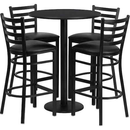 Flash Furniture Round Blk Bar Table, Rnd Base w/Blk Seats, 30", Laminate Top, Wood Grain RSRB1021-GG
