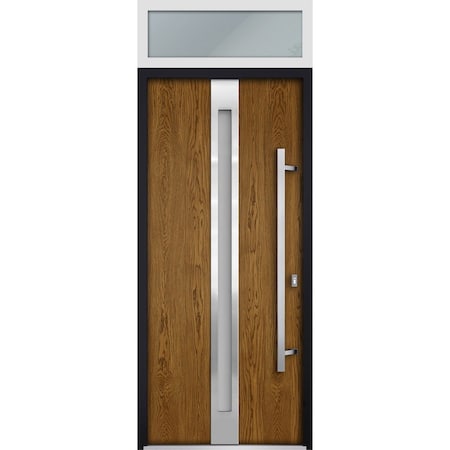 Vdomdoors Steel Door Deux 1744 Natural Oak Transom White Window Stainless Inserts Single Modern Painted-W36xH DEUX1744EXD-OAKW-W36 x H80+16-Left-hand Inswing
