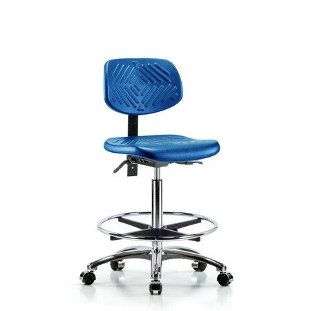 Blue Ridge Ergonomics Poly Chair Chrome, High Bench, Tilt, Foot Ring, Casters, Blue BR-PHBCH-CR-T1-A0-CF-CC-BLU