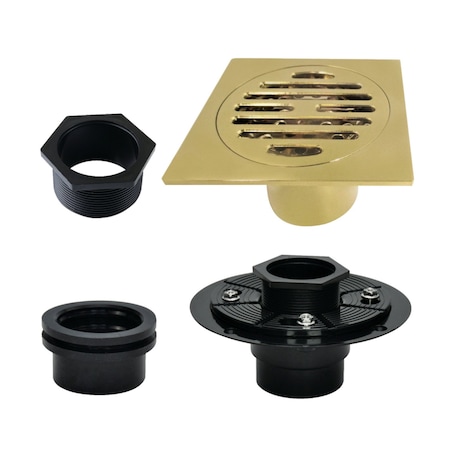 Kingston Brass 4" Brass Square Grid Shower Drain with Hair Strainer and Base Flange, Brushed Brass BSFK4262BB