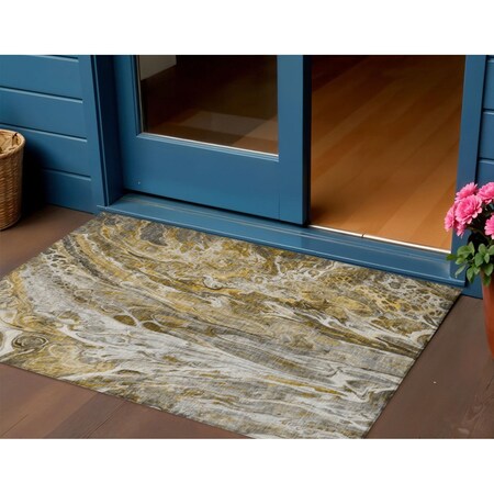 Homeroots 3' X 5' Brown Taupe And Gold Abstract Washable Indoor Outdoor Area Rug 577932
