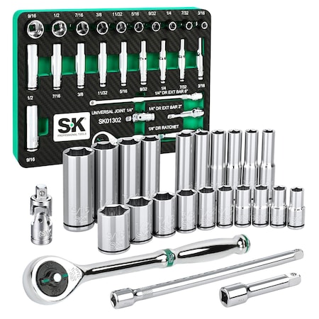 Sk Professional Tools Drive SAE Chrome Socket Set 1/4", 24 pc SK01302-216P