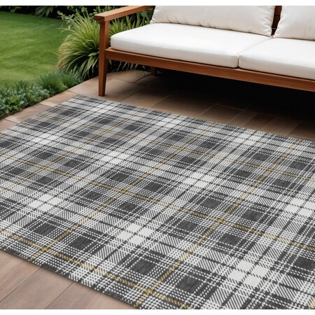 Homeroots 9' X 12' Charcoal Ivory And Gold Plaid Washable Indoor Outdoor Area Rug 597103