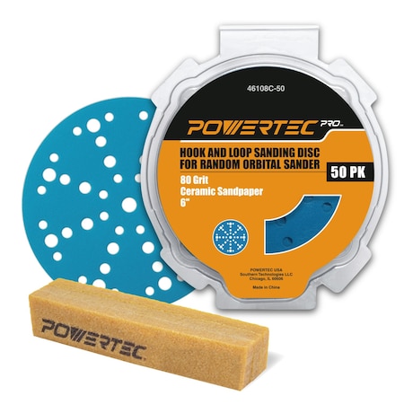 Powertec 6in 49 Holes Hook & Loop Sanding Disc, Ceramic, 80 Grit, 50PK & Abrasive Cleaning Stick 46101CN