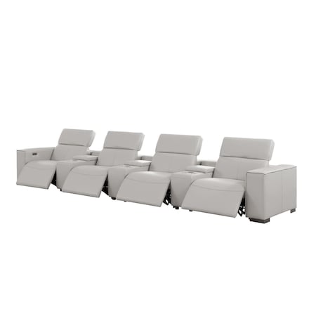 Homeroots 179" Light Gray Top Grain Leather Reclining Metal USB Sofa 720321