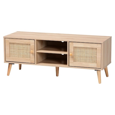 Baxton Studio Sebille Mid-Century Modern Light Brown Finished Wood 2-Door TV Stand with Natural Rattan 207-12462