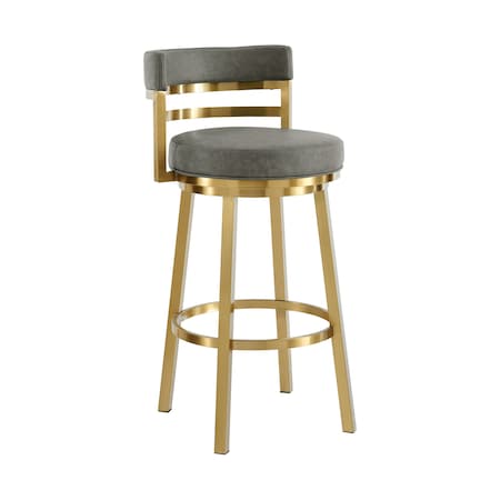 Armen Living Madrid 30in Swivel Counter Stool with Gold Brushed Stainless Steel and Vintage Gray Faux Leather LCMASWBABGLVGRY30