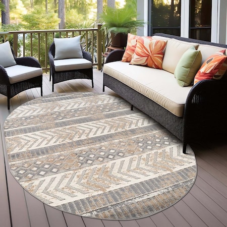 World Rug Gallery Distressed Geometric Indoor/Outdoor Area Rug 5 ft x 7 ft Oval Beige 8019BEIGE5OV
