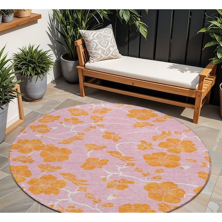 Homeroots 8' Pink And Copper Round Floral Washable Indoor Outdoor Area Rug 600038