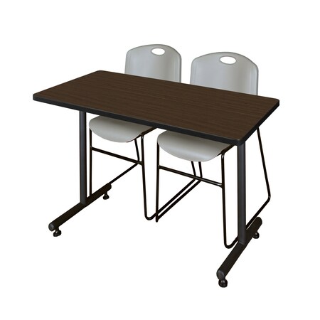 Regency Kobe T-Base Training Seminar Table W/ 2 Zeng Stack Chairs, 48 in W, 30 in L, Neo Walnut MKTRCT4830NW44GY