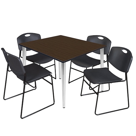 Regency Square Kahlo Breakroom Table W/ 4 Zeng Stack Chairs, 48 in W, 48 in L, Neo Walnut TPL4848NWCM44BK