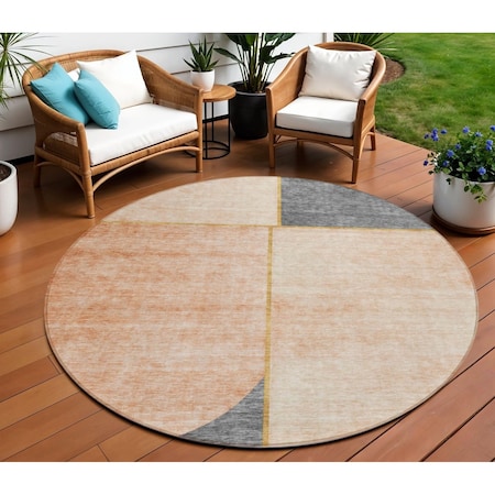 Homeroots 8' Coral Peach And Gray Round Abstract Washable Indoor Outdoor Area Rug 582898