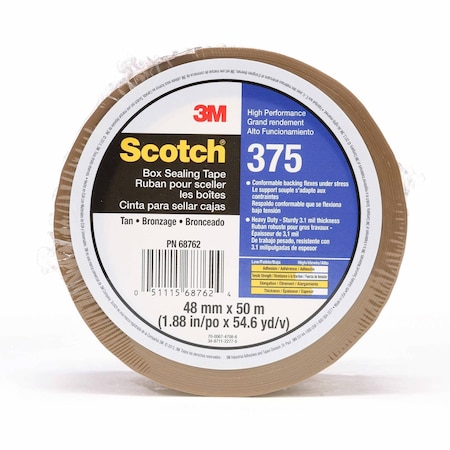 Scotch Packing Tape, 3.1 mil Thick, 2 in W x 50 m L, 3 in Core Dia., Tan 375