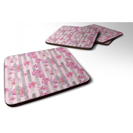 Carolines Treasures Watercolor Pink Flowers Grey Stripes Foam Coaster, Set of 4 BB7502FC