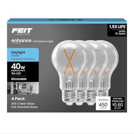 Feit Electric Feit Enhance A19 E26 (Medium) Filament LED Bulb Daylight 40 Watt Equivalence 4 pk A1940CL950/FIL4