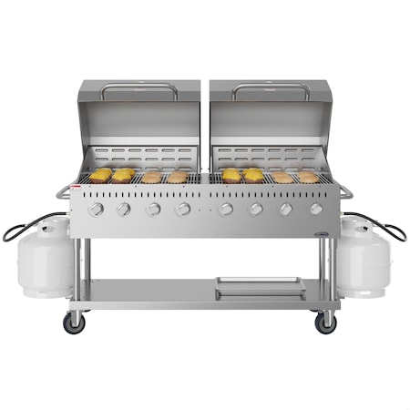Koolmore 60 in. 8-Burner Commercial Outdoor Propane Gas Grill with 2 Roll Dome Covers in Stainless-Steel CGKIT6-D30D30
