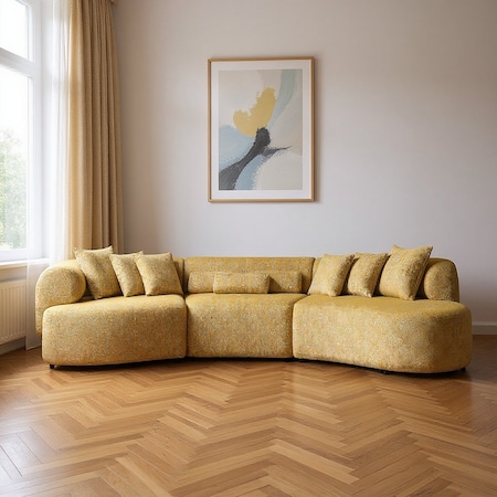 Homeroots Mustard Boucle Modular Curved Three Piece Sectional With Toss Pillows 643974
