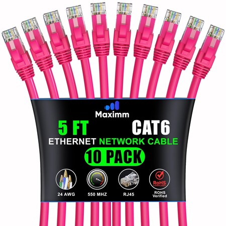 Maximm Cat6 Ethernet Cable 5ft 10Gbps 550MHz UTP, 10PK, Pink, 10PK CAT6-CCA-5FTPINK-10PK