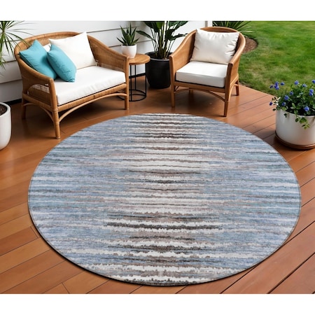 Homeroots 8' Sky Blue And Denim Blue Round Striped Washable Indoor Outdoor Area Rug 578006