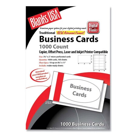 Blanks/Usa Business Cards, Copier/Inkjet/Laser/Offset, 2x3.5, Wt, Bristol, PK1000 BCT10B6WH