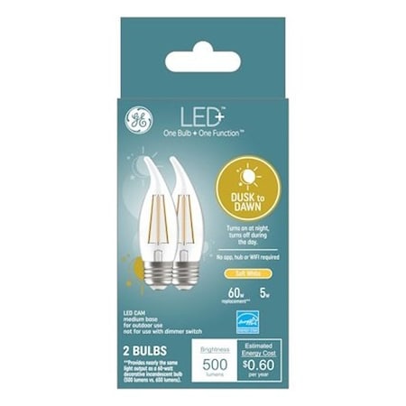 Ge LED+ 93121493 Dusk To Dawn Light Bulb, 500 Lumens, 5 W, CAM Lamp, 60 W Equivalent, PK2 93131708