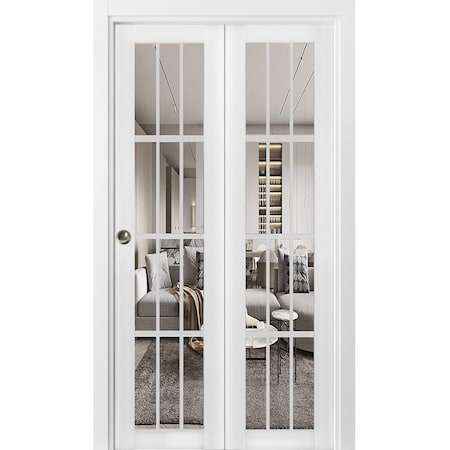 Sartodoors Sliding Closet Bi-fold Doors, Felicia 3355 White Silk with Clear Glass, Sturdy Tracks Moldings Tri FELICIA3355BF-WS-84 x 80 (2* 42x80)