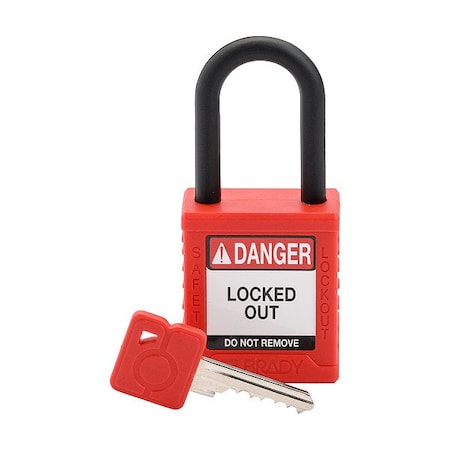 Brady Padlock, Keyed Different, Nylon, Red, 1 1/2 in Shackle Height, 1 1/2 in Body Width, 1 No. of Keys SDPL-RED-38PL-KD