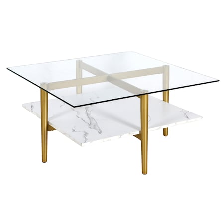 Homeroots 32" White And Gold Glass And Steel Square Coffee Table With Shelf 521991