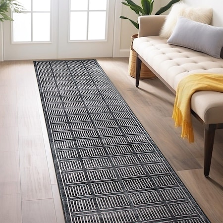 World Rug Gallery Bohemian Stripe Lines Washable Non Slip Runner Rug 2 ft x 8 ft Black WR68BLACK2X8