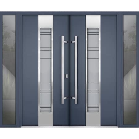 Vdomdoors Steel Double Doors Deux 0757 Gray Graphite 2 Sidelight Exterior Windows Stainless Inserts Single Mo DEUX0757DEXD-GRE-RH-W16+72+16 x H80