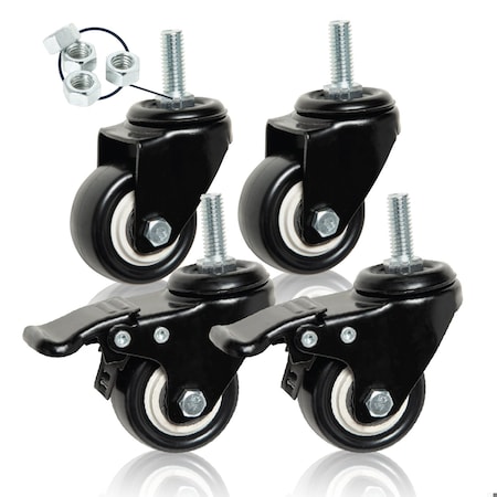 Powertec 2in PU Caster Wheels Set, 3/8in-16 x 1 Stem Casters, 2 w/ Locking Brake, 350 lbs, 360° Swivel 17220