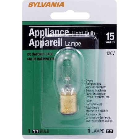 Sylvania Incandescent Lamp, 15 W, T7 Lamp, Double Contact Bayonet Lamp Base, 110 Lumens, 2850 K Color Temp 18200