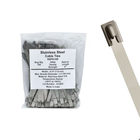 Cable Ties Unlimited Cable Tie, 6 in L, 300 lb Strength, 1.4 in Max Bundle Dia, 316 Stainless Steel, Silver, 100PK SSP6-HD