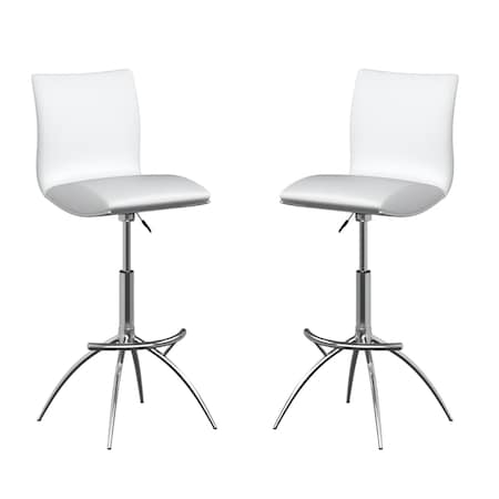 Homeroots Set of Two White and Silver Faux Leather and Metal Low Back Adjustable Height Bar Chairs, 2PK 555030