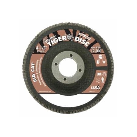 Weiler Tiger Big Cat High Density Flap Disc, 4-1/2 in dia, 60 Grit, 7/8 in Arbor, 12,000 RPM, Type 27 804-50764