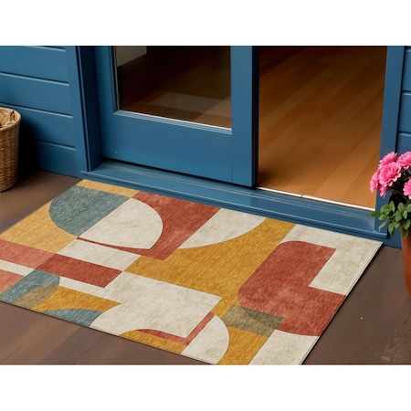 Homeroots 3' X 5' Coral Gold And Ivory Geometric Washable Indoor Outdoor Area Rug 617902