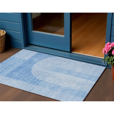 Homeroots 3' X 5' Sky Blue And Denim Blue Geometric Washable Indoor Outdoor Area Rug 582698