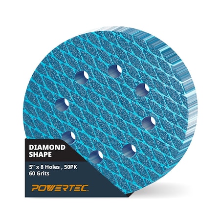 Powertec 5 in. 8-Hole Hook and Loop Diamond Shaped Sanding Discs, 60 Grit, J-Weight Cloth Backing, 50PK 44906N