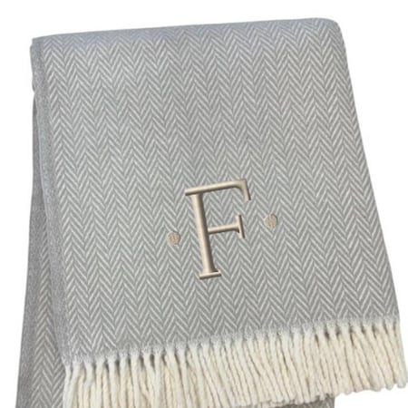 Homeroots 55" X 70" Gray White Herringbone Cotton Blend F Initial Throw Blanket with Tassels Embroidery 655529
