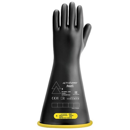 Ansell Electrical-Insulating Gloves, 17,000V AC, 25,000V DC, Natural Rubber Latex, Black, Yellow, Size 9 RIG216YBSC