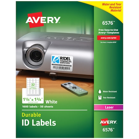 Avery Laser Label, 1 3/4 in Label W, 1 1/4 in Label H, 32 Labels per Sheet White 727826576